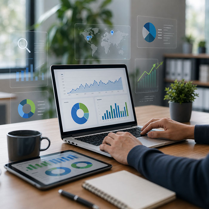 web design and SEO performance analytics dashboard with charts and metrics on laptop