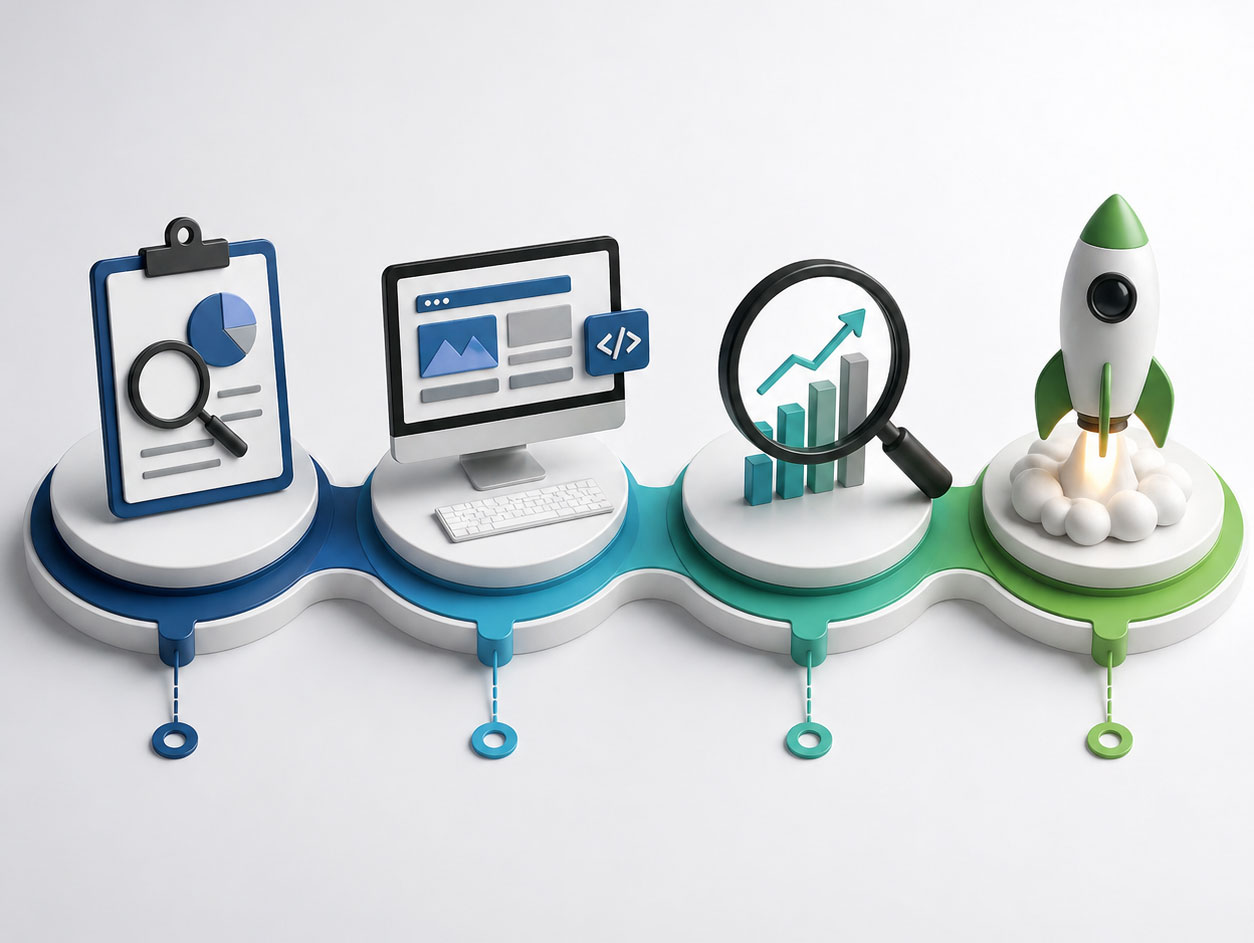 SEO and web design process illustration showing strategy, development, optimization and growth