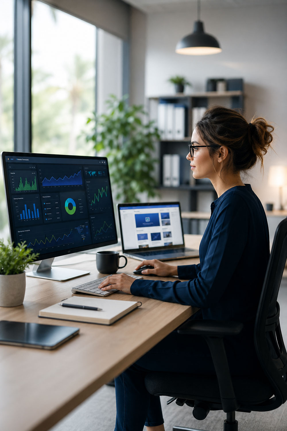 professional web design and SEO analysis workspace with desktop dashboard and laptop in modern office